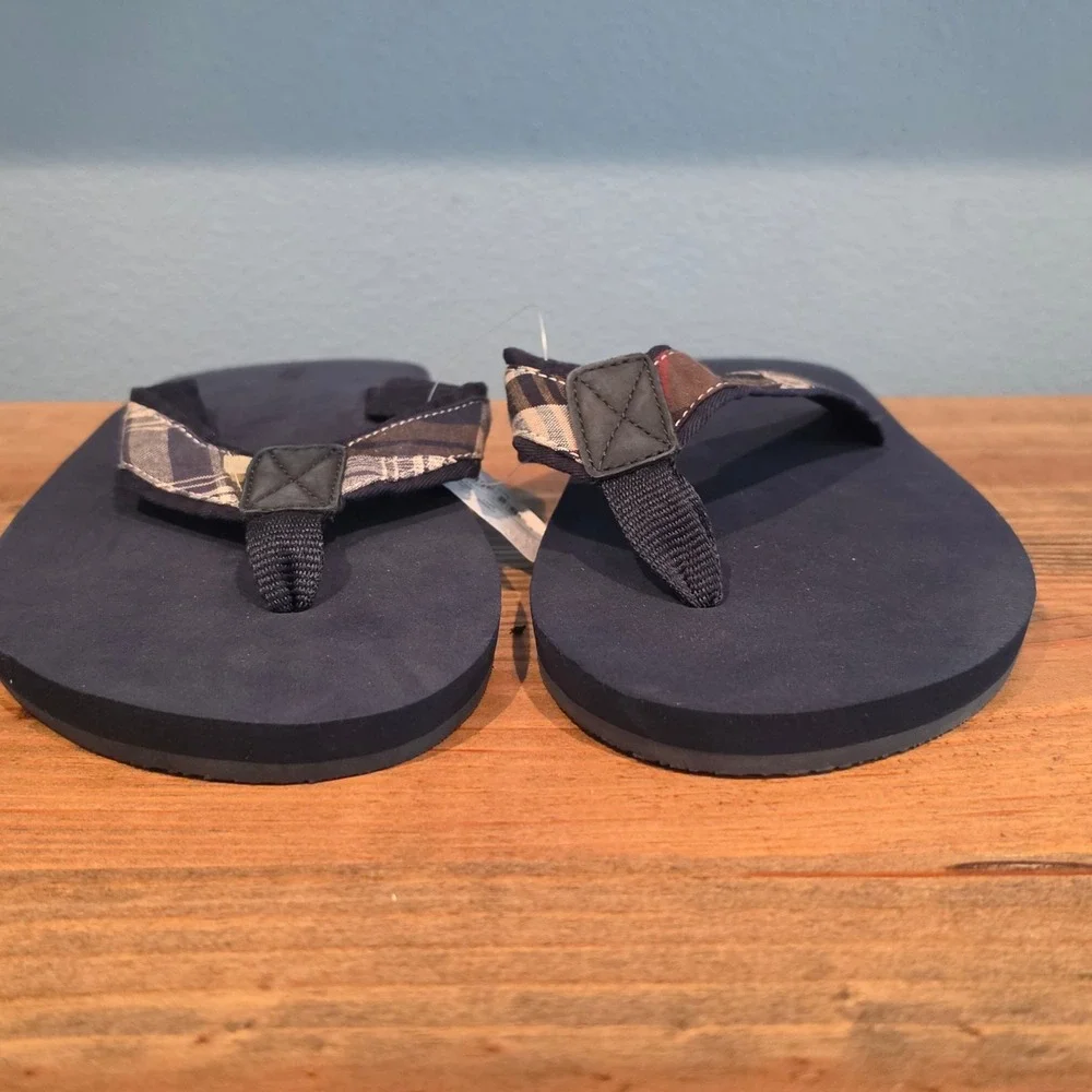 J.Crew Mens Flip Flops Navy Blue Plaid Fabric Strap Sandals Size 11
